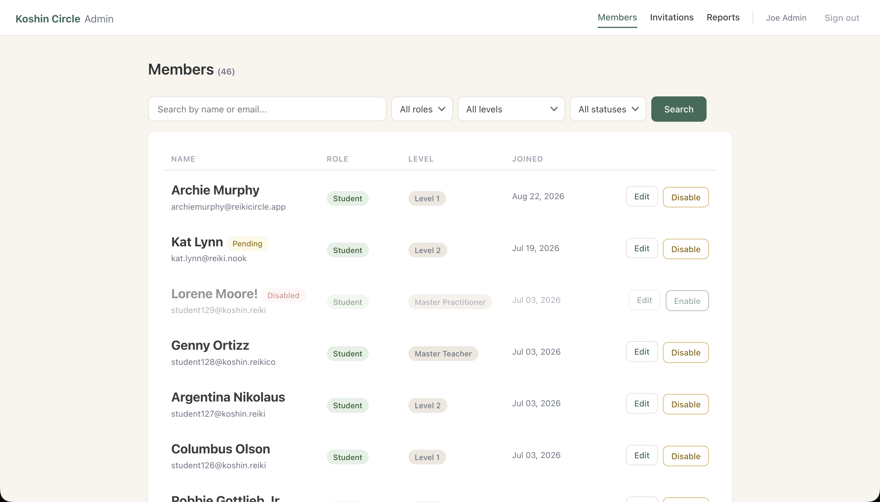 Admin dashboard showing student list with names, roles, Reiki levels, and management tools