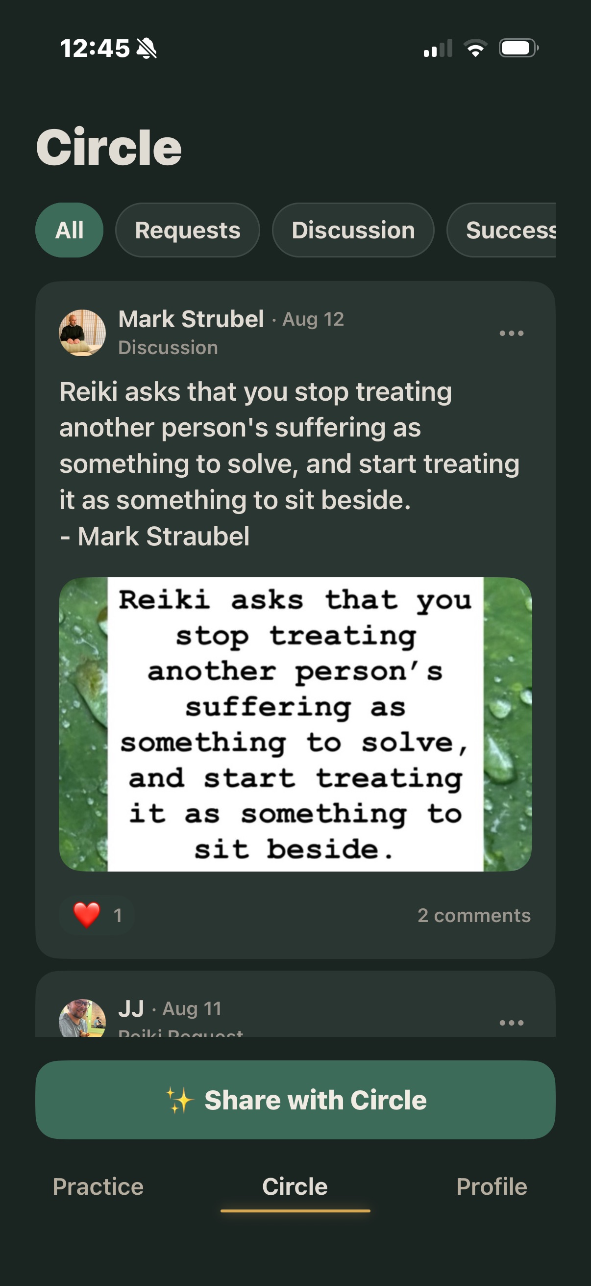 Circle community feed with discussions and Reiki sharing