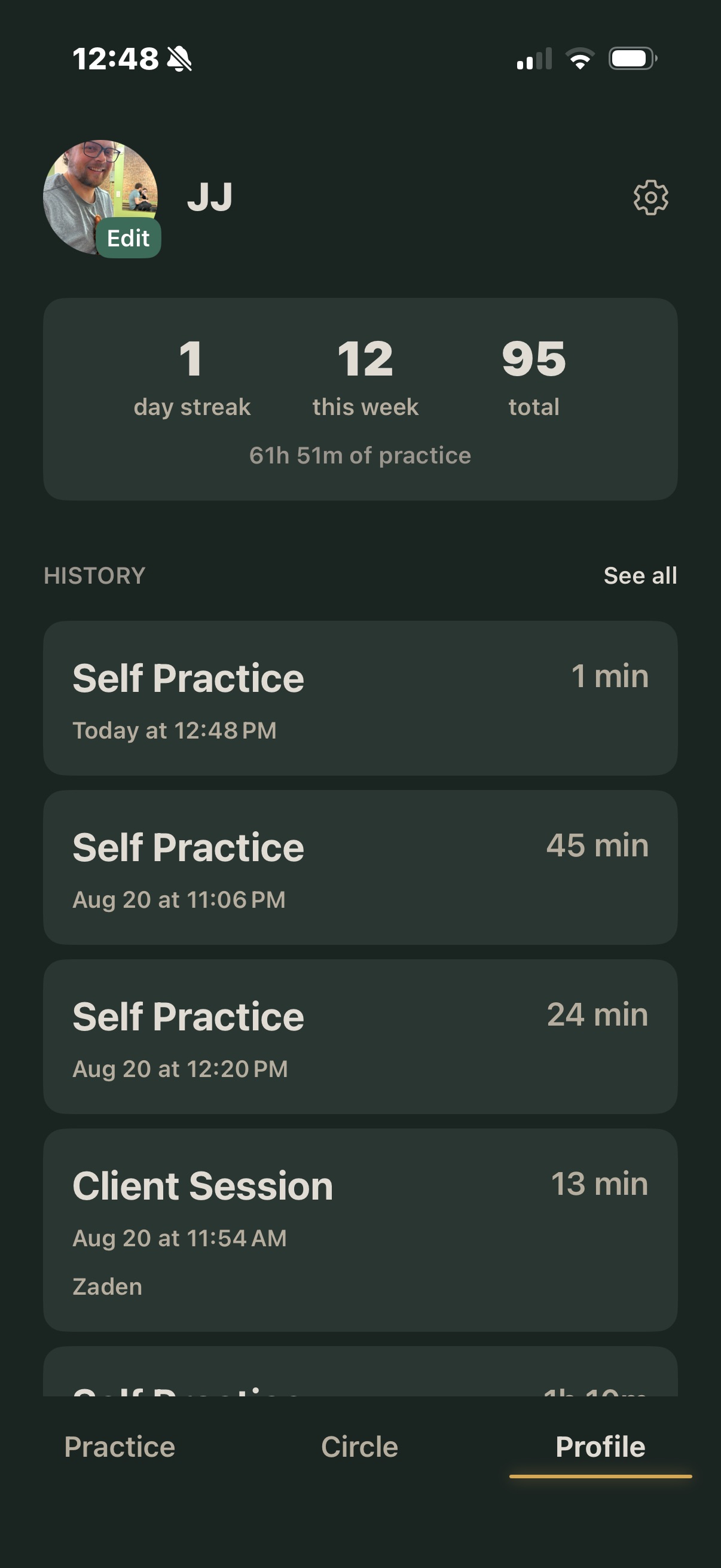 Practice profile showing streaks, session history, and total practice time
