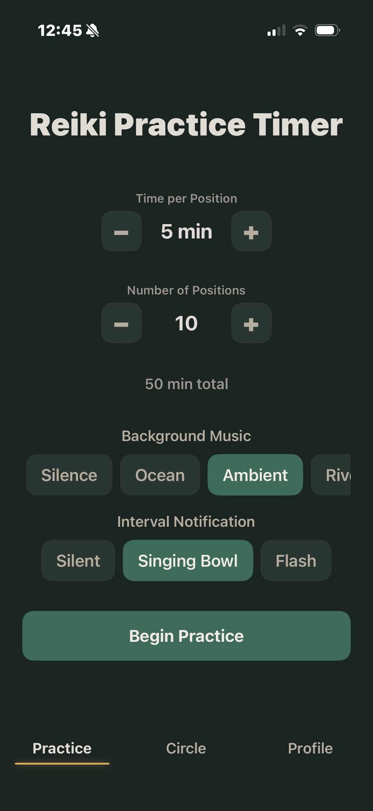 Reiki Practice Timer with customizable positions, duration, and background music